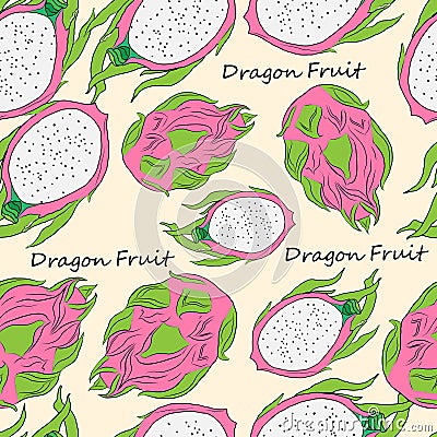 Seamless pattern with bright fruit pithay Cartoon Illustration